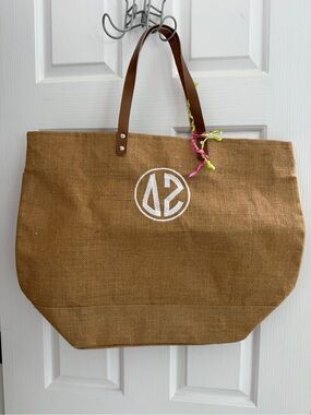 Attn New Delta Zetas!Jute Tote Bag with Brown Leather Handles and White Monogram